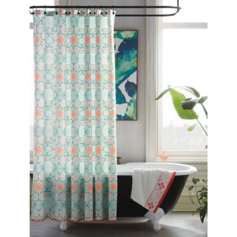 Opalhouse Medallion Green and Coral Floral with tassels Shower Curtain